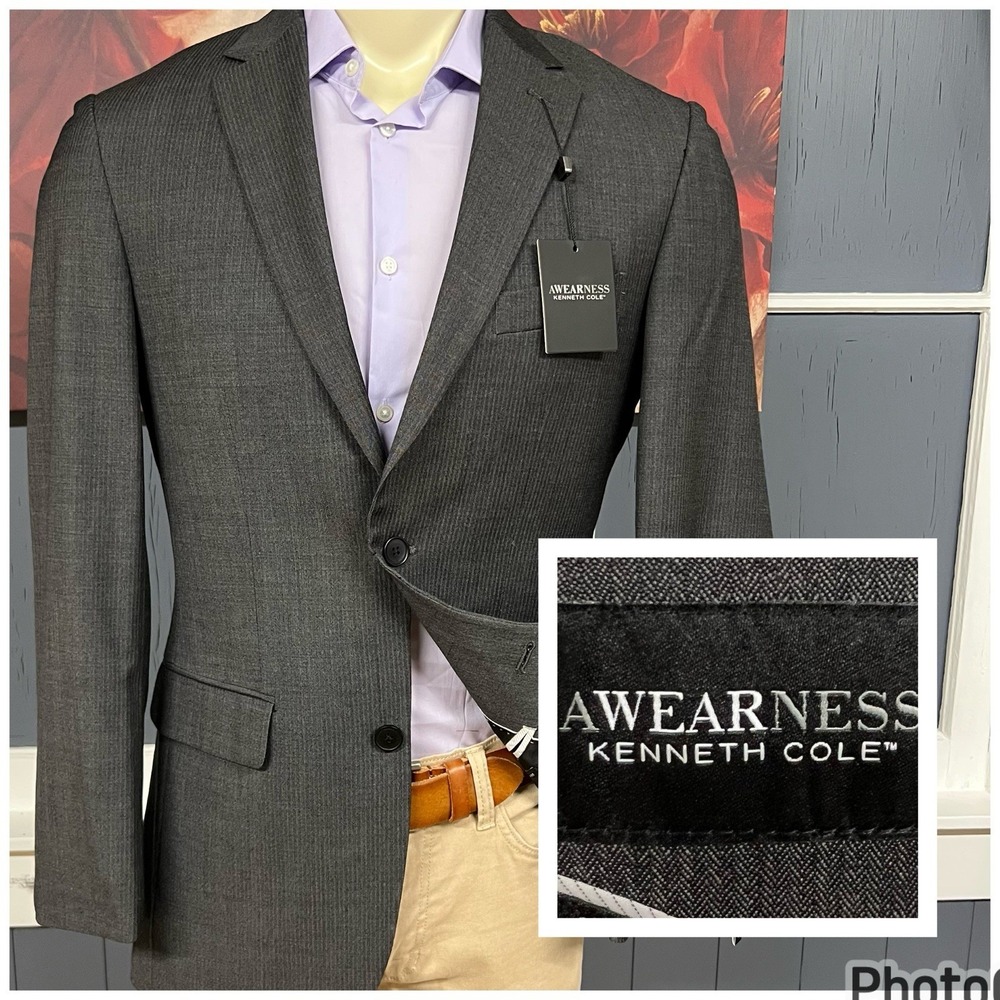 Kenneth‎ Cole Blazer Mens 38L Long Slim Fit Wool Stretch Micro Herringbone Gray